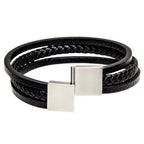 Echtes Lederarmband mit schwarzem geflochtenem Strang und poliertem Edelstahlverschluss