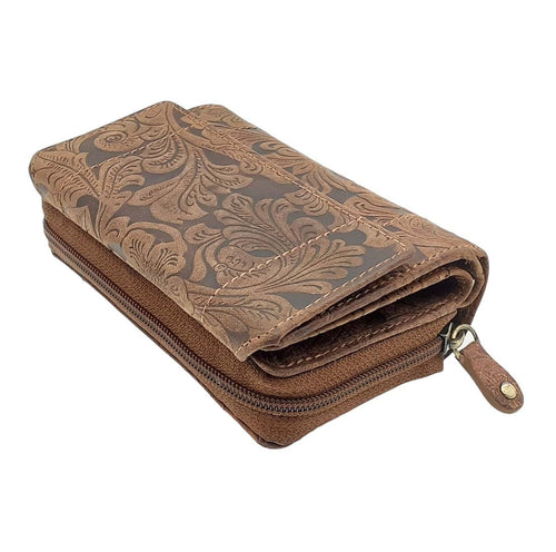 Damen Geldbörse aus Echtleder mit RFID-Schutz, Braun, 14 × 10 × 4,5 cm, 12 Kartenfächer, florale Prägung