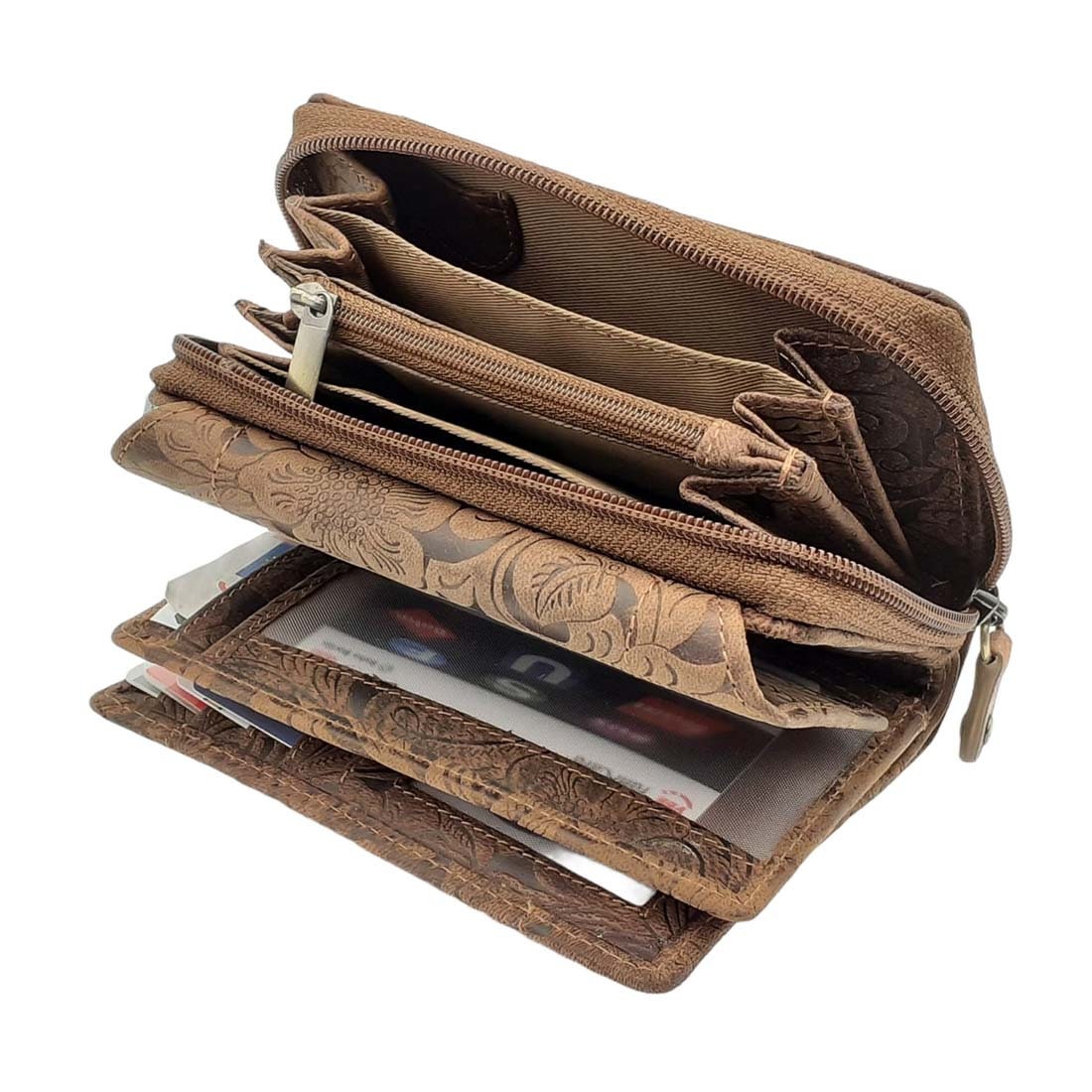 Damen Geldbörse aus Echtleder mit RFID-Schutz, Braun, 14 × 10 × 4,5 cm, 12 Kartenfächer, florale Prägung