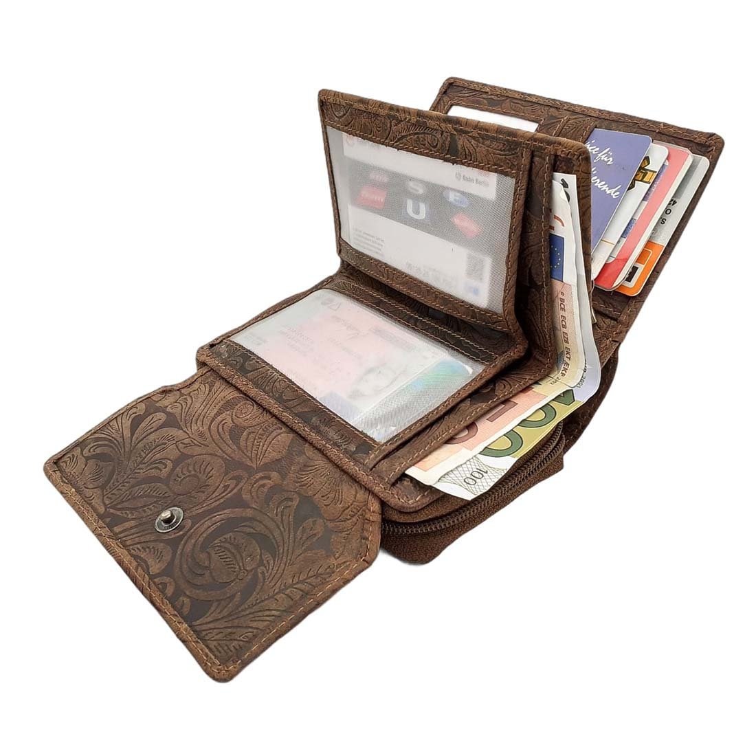 Damen Geldbörse aus Echtleder mit RFID-Schutz, Braun, 14 × 10 × 4,5 cm, 12 Kartenfächer, florale Prägung