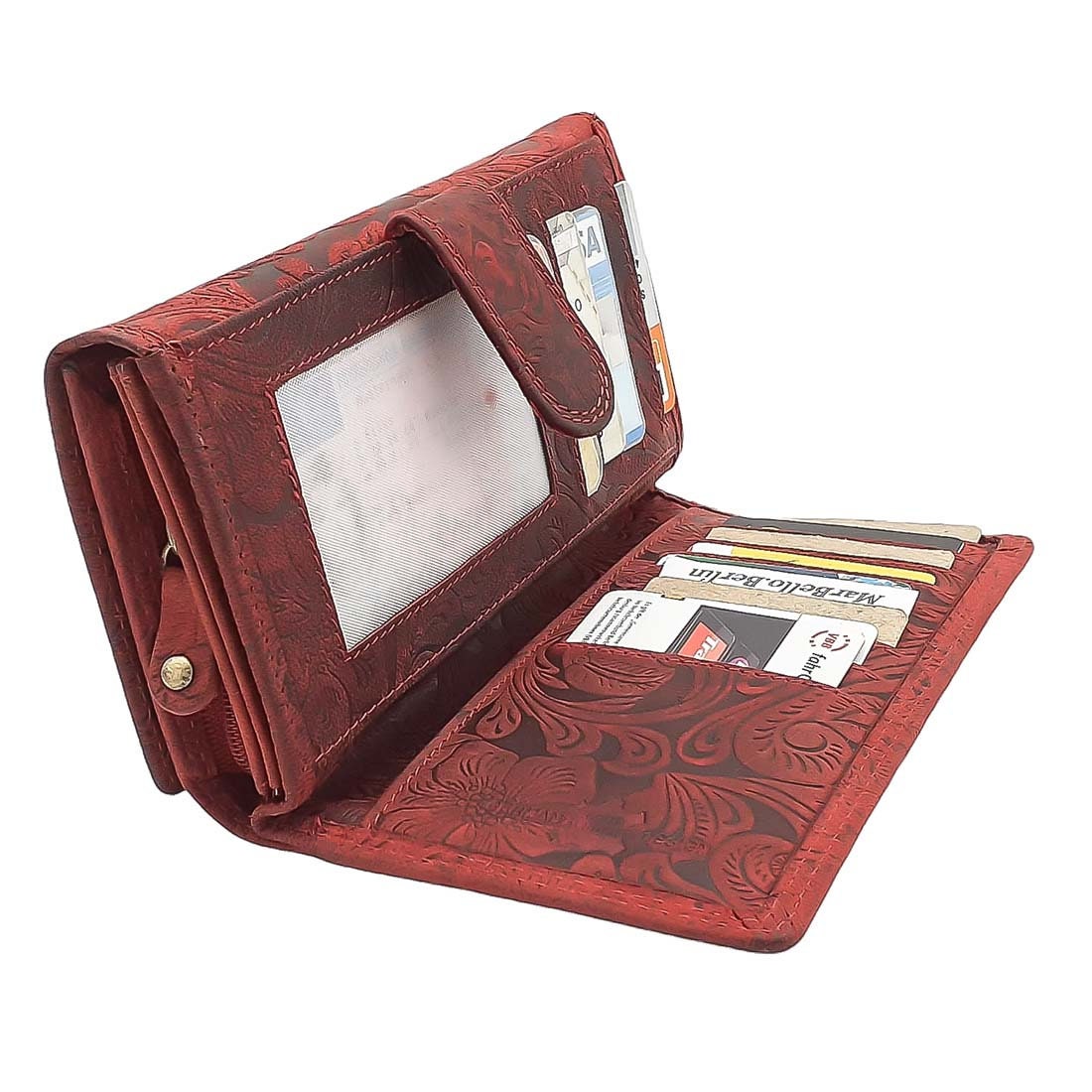 Damen Geldbörse aus Echtleder mit RFID-Schutz, Rot, Blumenprägung, 25 Kartenfächer, 17 × 10 × 3,5 cm