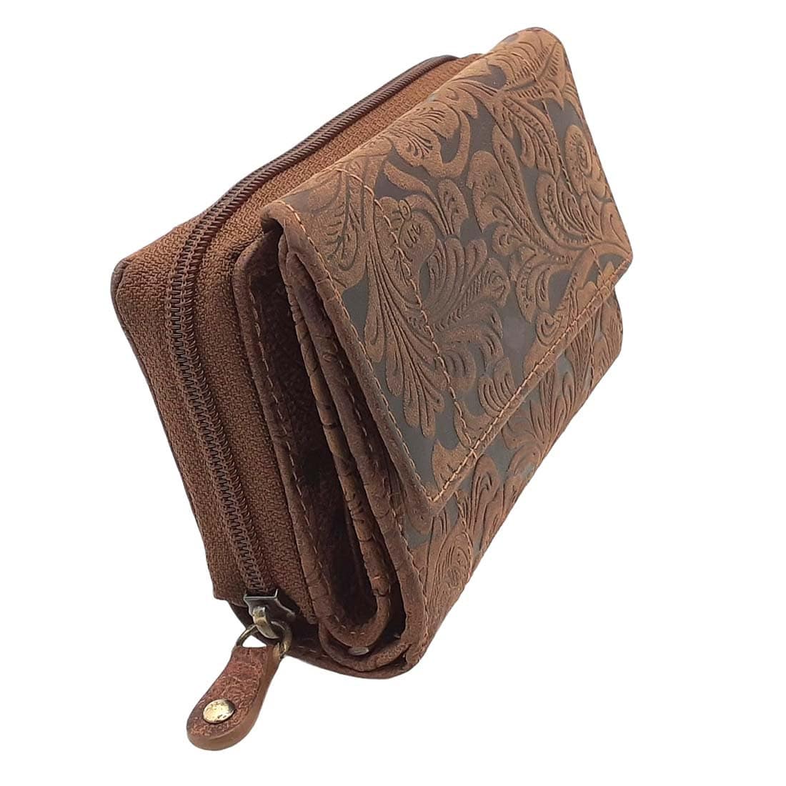 Damen Geldbörse aus Echtleder mit RFID-Schutz, Braun, 14 × 10 × 4,5 cm, 12 Kartenfächer, florale Prägung
