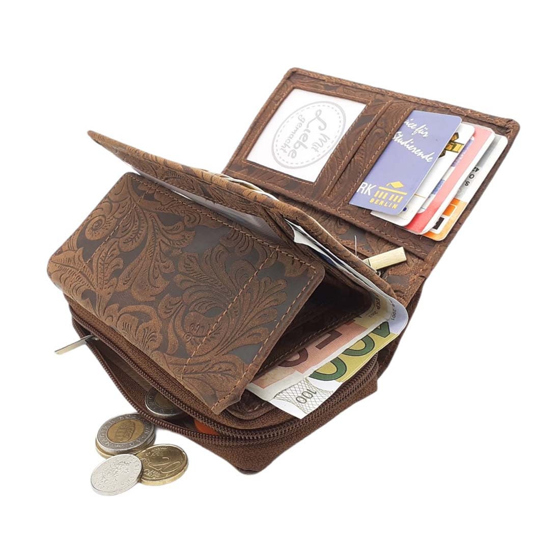 Damen Geldbörse aus Echtleder mit RFID-Schutz, Braun, 14 × 10 × 4,5 cm, 12 Kartenfächer, florale Prägung