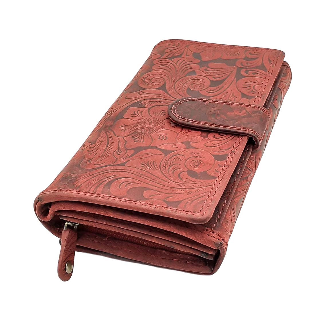 Damen Geldbörse aus Echtleder mit RFID-Schutz, Rot, Blumenprägung, 25 Kartenfächer, 17 × 10 × 3,5 cm