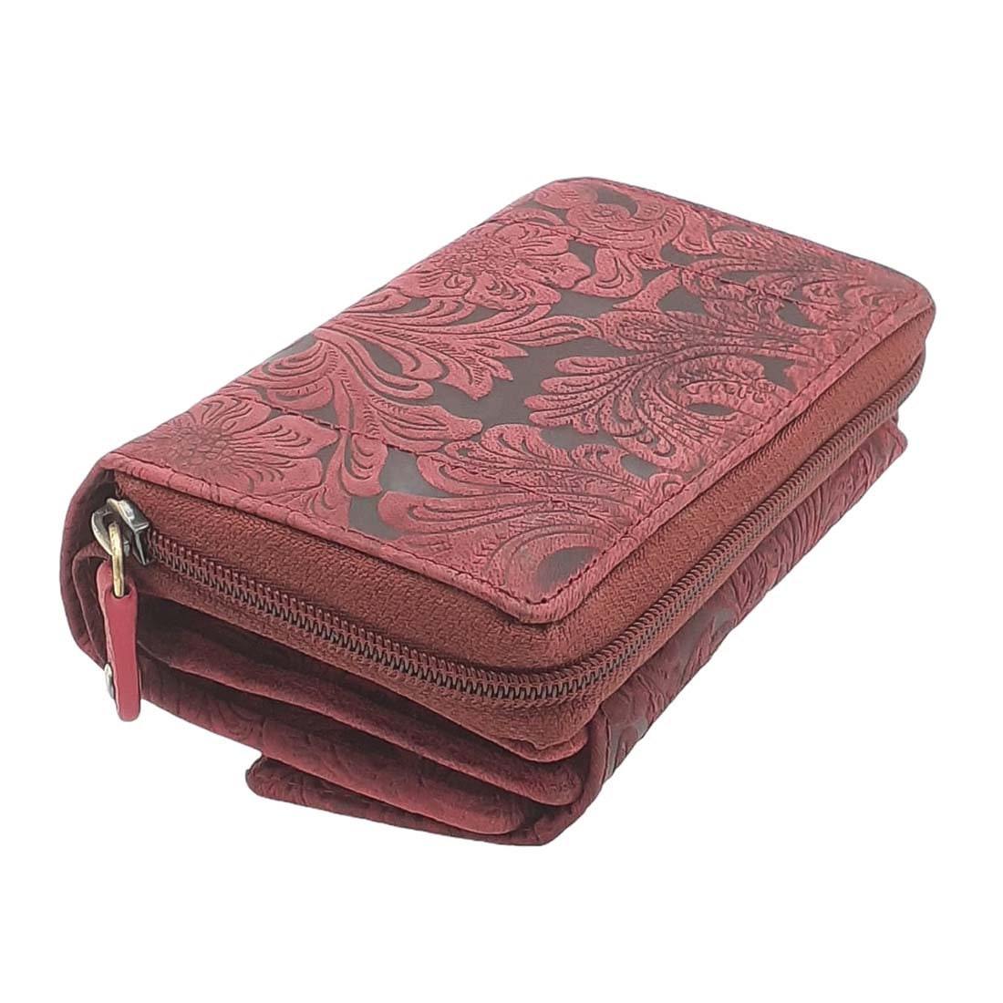 Damen Geldbörse aus Echtleder mit RFID-Schutz, Bordeauxrot, Blumenprägung, 12 Kartenfächer, 14 × 10 × 4,5 cm
