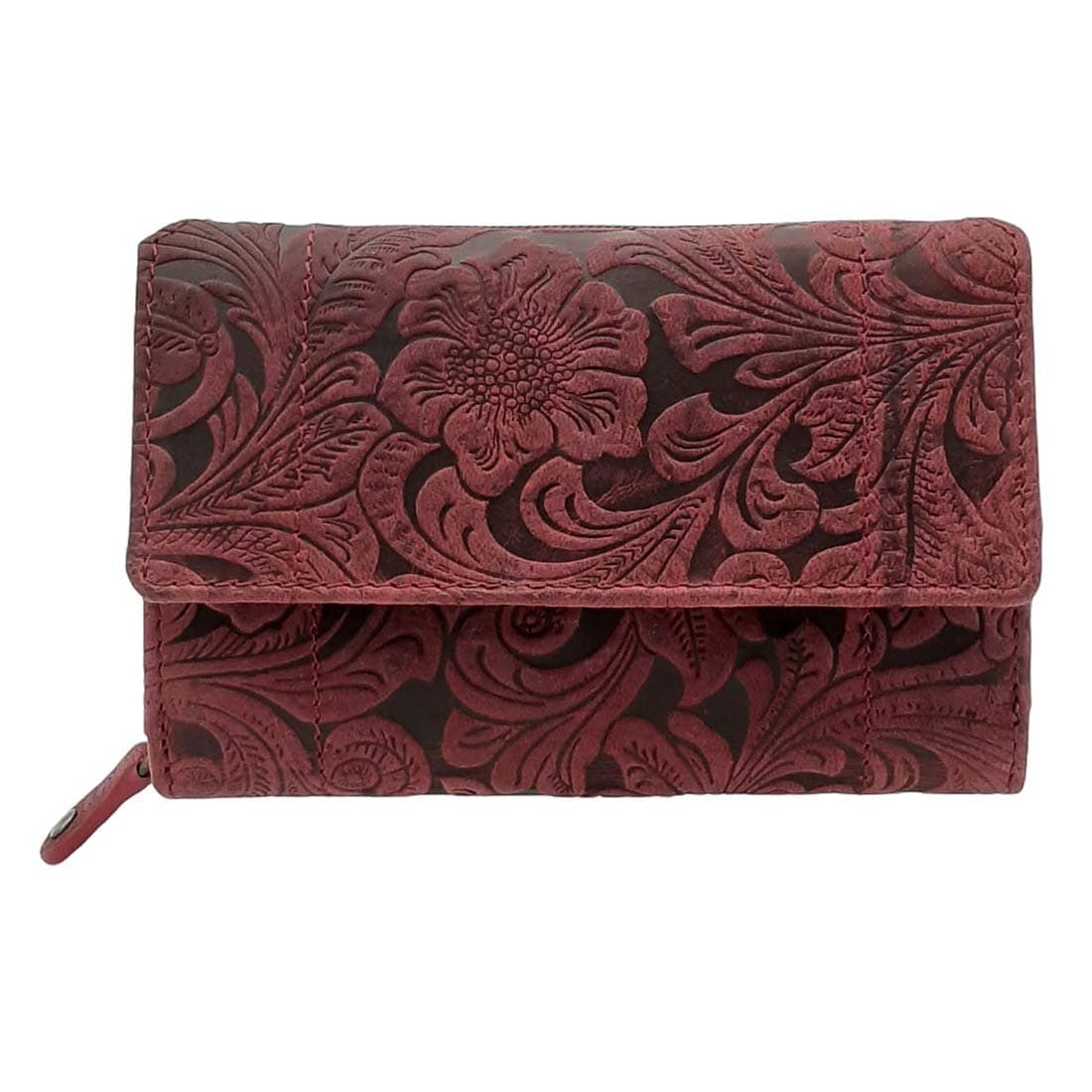 Damen Geldbörse aus Echtleder mit RFID-Schutz, Bordeauxrot, Blumenprägung, 12 Kartenfächer, 14 × 10 × 4,5 cm