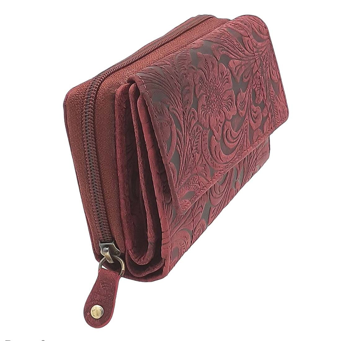 Damen Geldbörse aus Echtleder mit RFID-Schutz, Bordeauxrot, Blumenprägung, 12 Kartenfächer, 14 × 10 × 4,5 cm