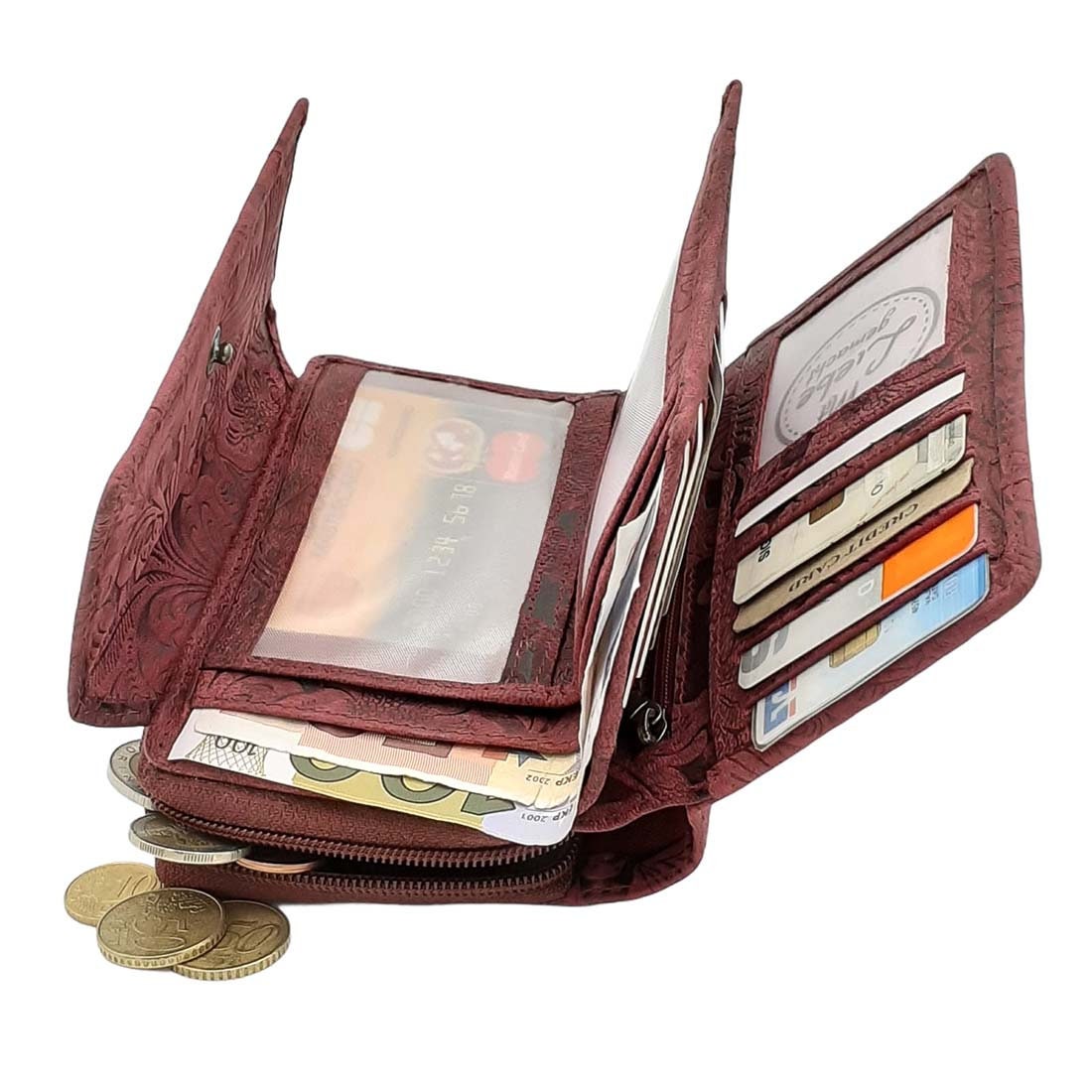 Damen Geldbörse aus Echtleder mit RFID-Schutz, Bordeauxrot, Blumenprägung, 12 Kartenfächer, 14 × 10 × 4,5 cm