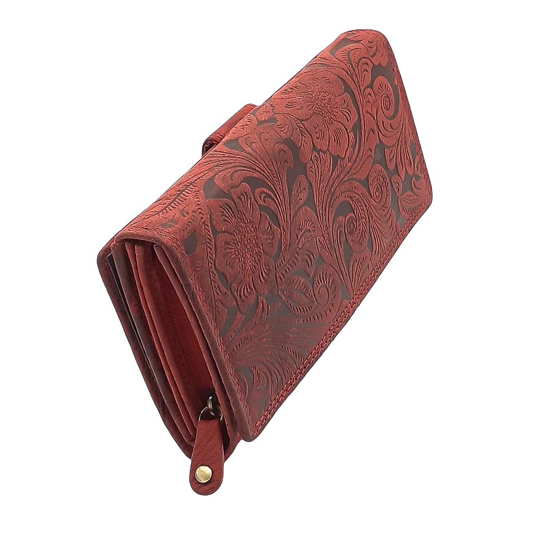 Damen Geldbörse aus Echtleder mit RFID-Schutz, Rot, Blumenprägung, 25 Kartenfächer, 17 × 10 × 3,5 cm