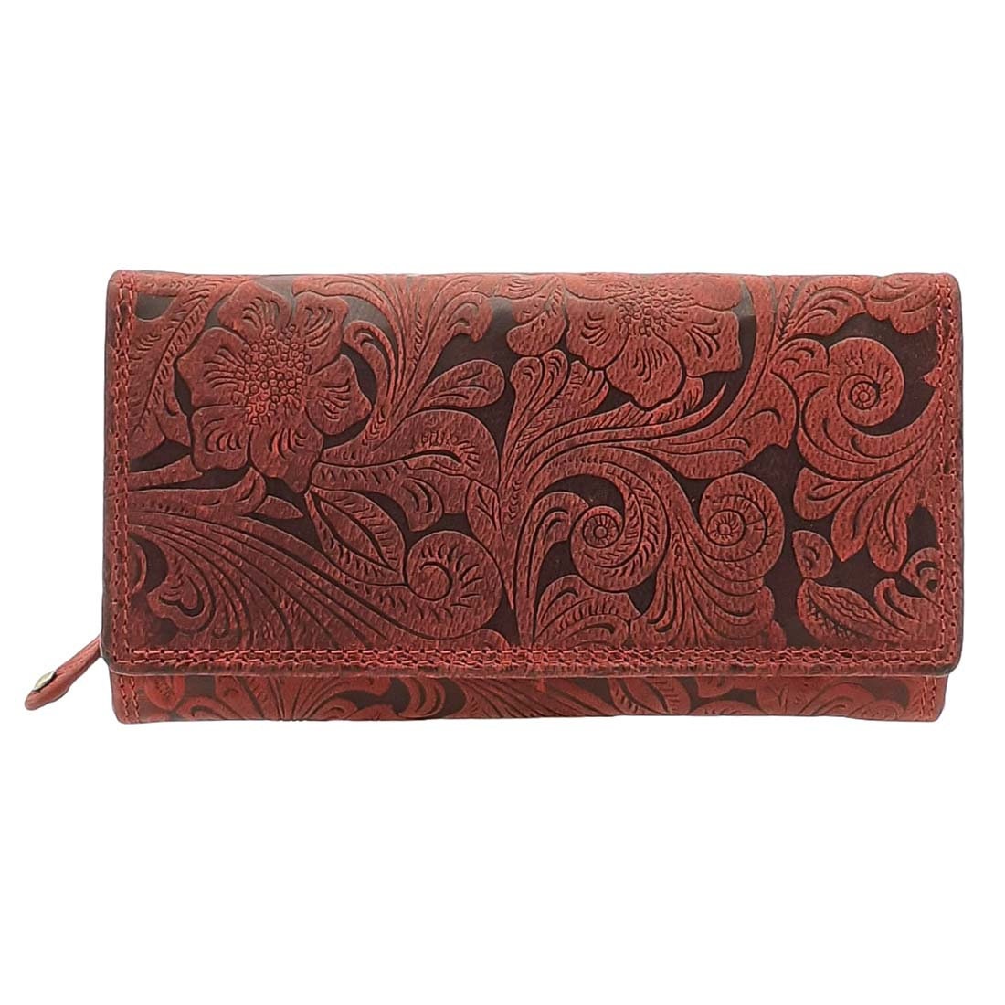 Damen Geldbörse aus Echtleder mit RFID-Schutz, Rot, Blumenprägung, 25 Kartenfächer, 17 × 10 × 3,5 cm