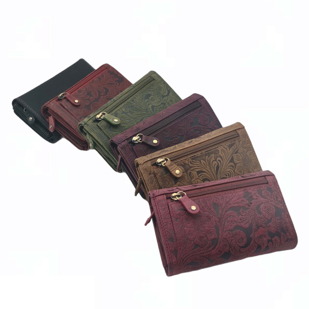 Damen Geldbörse aus Echtleder mit RFID-Schutz, Grün, 15 × 10 × 4 cm, 12 Kartenfächer, florale Prägung
