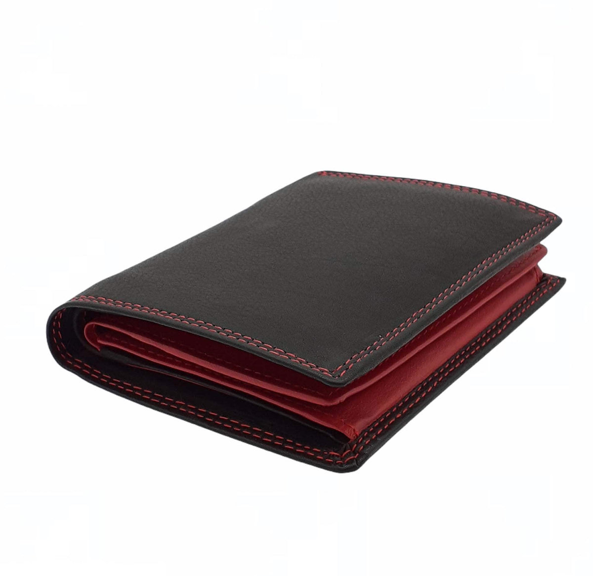 Herren Geldbörse Echtleder mit RFID-Schutz, Schwarz Rot, 16 Kartenfächer, 12 × 9,5 × 2,5 cm