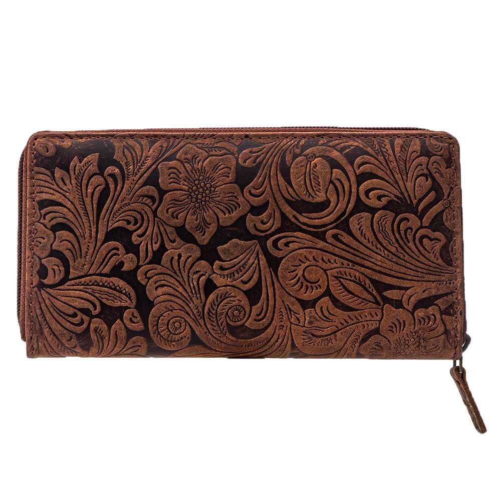 Damen Geldbörse aus Echtleder mit RFID-Schutz, Braun, 18 × 10 × 2,5 cm, florale Prägung, Reißverschluss