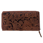 Damen Geldbörse aus Echtleder mit RFID-Schutz, Braun, 18 × 10 × 2,5 cm, florale Prägung, Reißverschluss