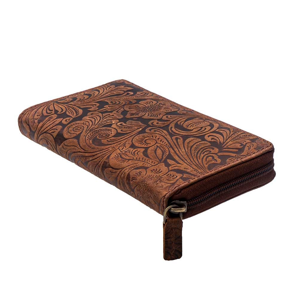 Damen Geldbörse aus Echtleder mit RFID-Schutz, Braun, 18 × 10 × 2,5 cm, florale Prägung, Reißverschluss
