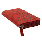 Damen Geldbörse aus Echtleder mit RFID-Schutz, Rot, 18 × 10 × 2,5 cm, florale Prägung, Reißverschluss