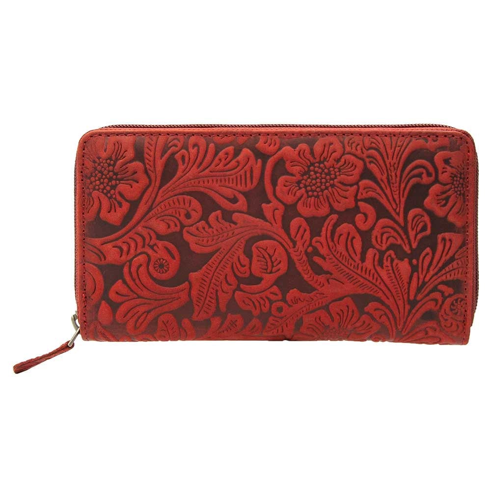 Damen Geldbörse aus Echtleder mit RFID-Schutz, Rot, 18 × 10 × 2,5 cm, florale Prägung, Reißverschluss