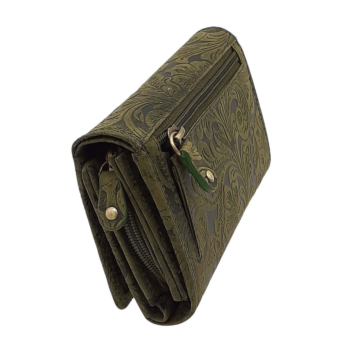 Damen Geldbörse aus Echtleder mit RFID-Schutz, Grün, 15 × 10 × 4 cm, 12 Kartenfächer, florale Prägung