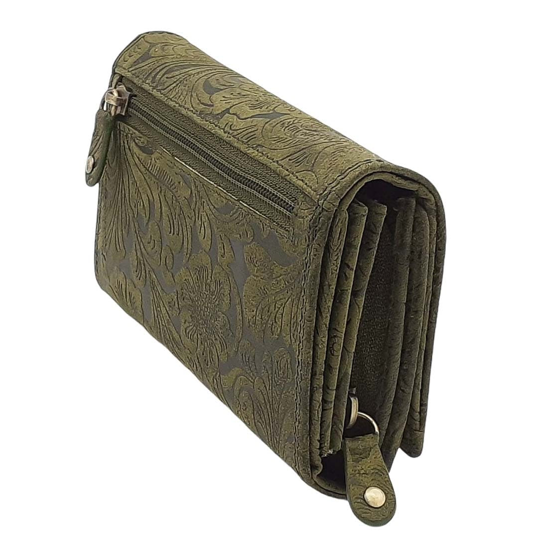 Damen Geldbörse aus Echtleder mit RFID-Schutz, Grün, 15 × 10 × 4 cm, 12 Kartenfächer, florale Prägung