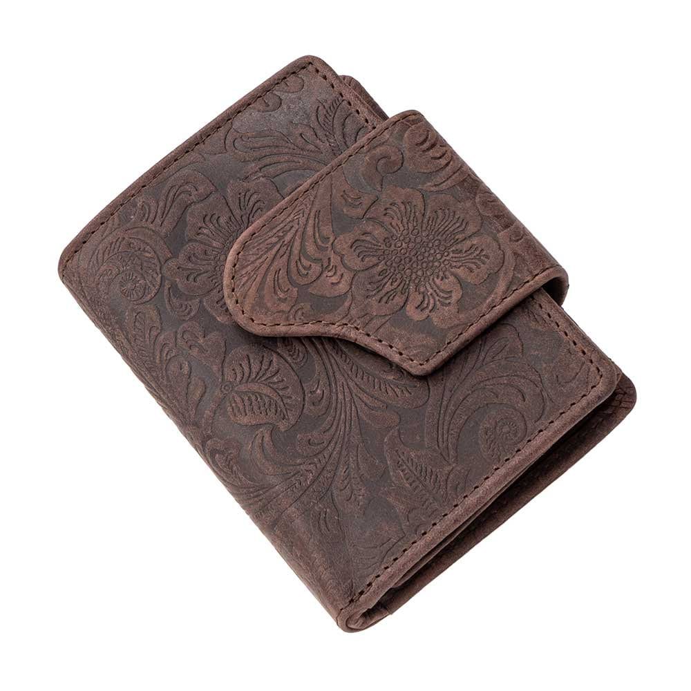 Damen Geldbörse Echtleder mit RFID-Schutz, Braun, 12 × 9 × 3 cm, florale Prägung, 12 Kartenfächer
