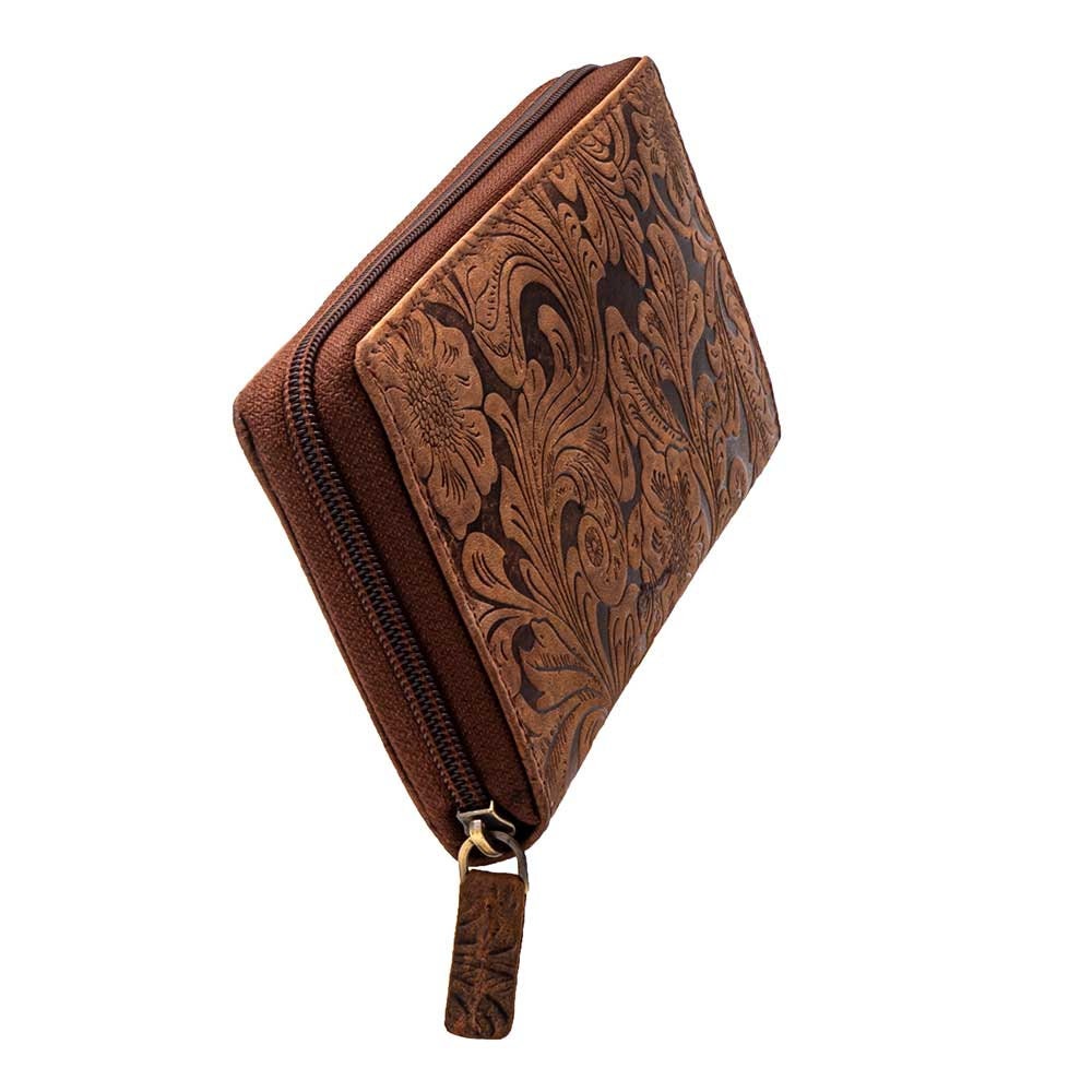Damen Geldbörse aus Echtleder mit RFID-Schutz, Braun, 18 × 10 × 2,5 cm, florale Prägung, Reißverschluss