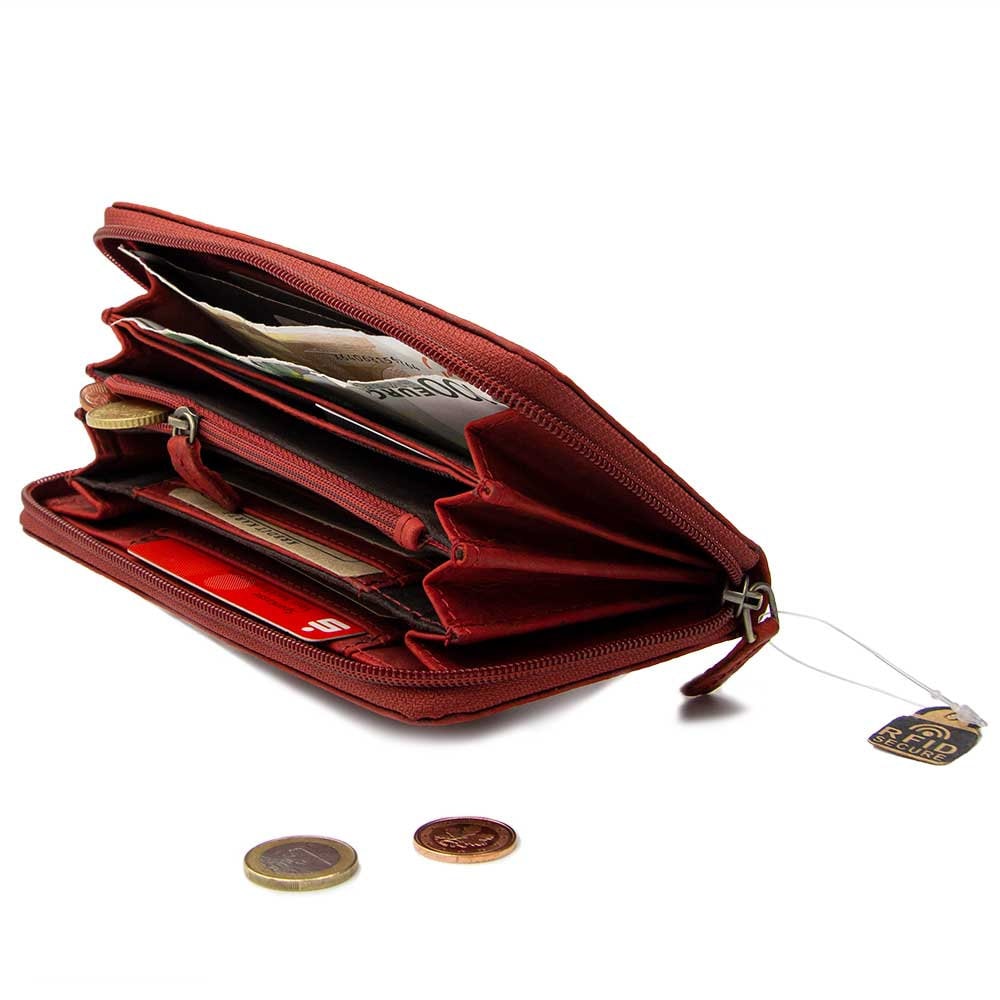 Damen Geldbörse aus Echtleder mit RFID-Schutz, Rot, 18 × 10 × 2,5 cm, florale Prägung, Reißverschluss
