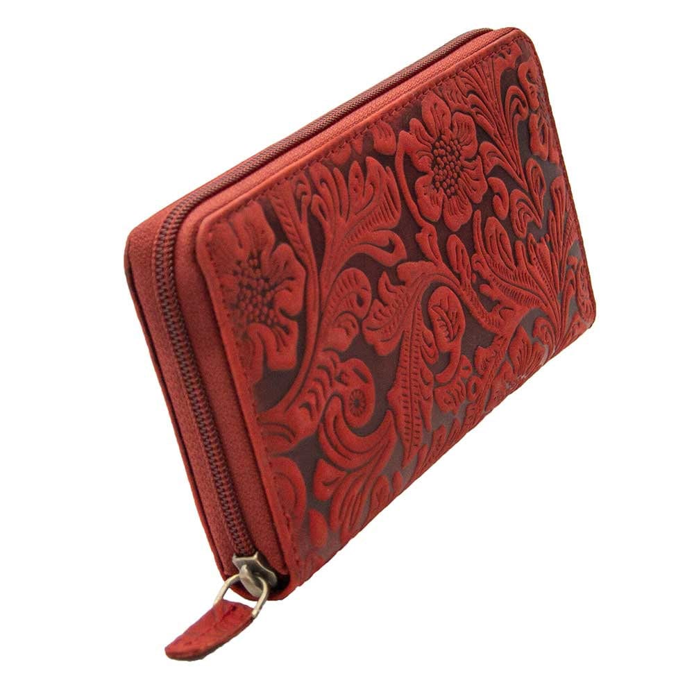 Damen Geldbörse aus Echtleder mit RFID-Schutz, Rot, 18 × 10 × 2,5 cm, florale Prägung, Reißverschluss