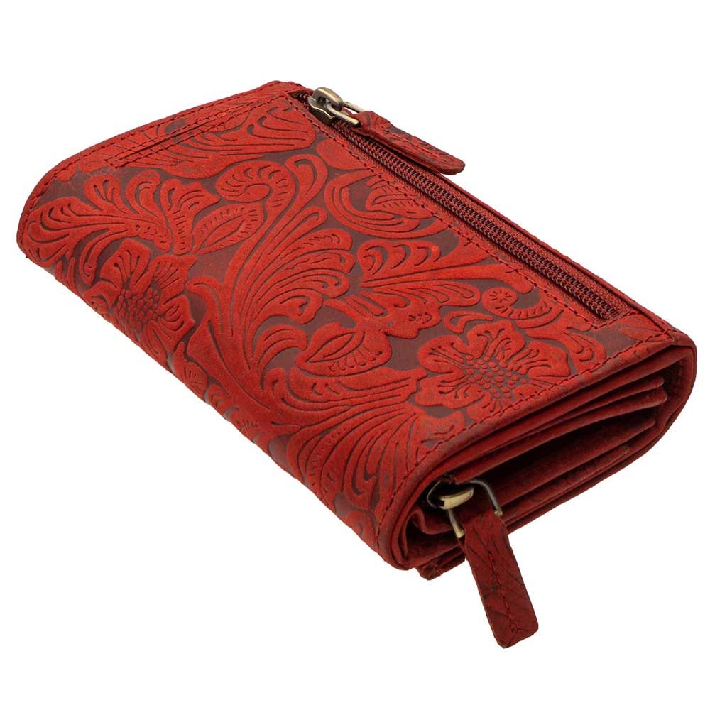 Damen Geldbörse aus Echtleder mit RFID-Schutz, Rot, Blumenprägung, 16 × 10,5 × 4 cm, großes Leder Portemonnaie