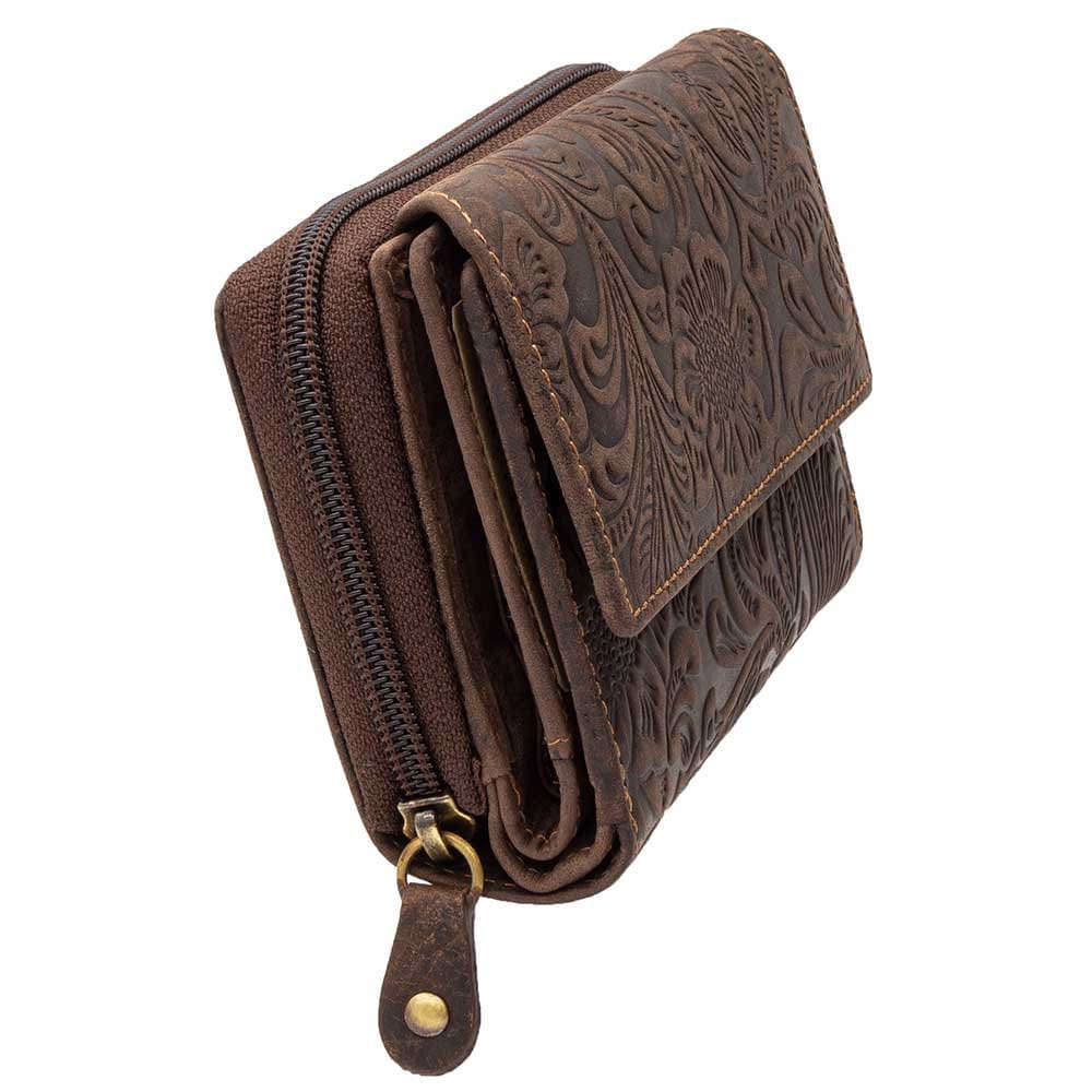 Damen Geldbörse aus Echtleder mit RFID-Schutz, Braun, 14 × 10 × 4,5 cm, florale Prägung, viele Fächer