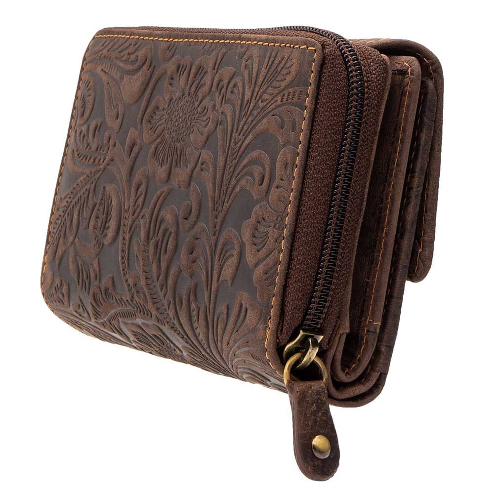 Damen Geldbörse aus Echtleder mit RFID-Schutz, Braun, 14 × 10 × 4,5 cm, florale Prägung, viele Fächer
