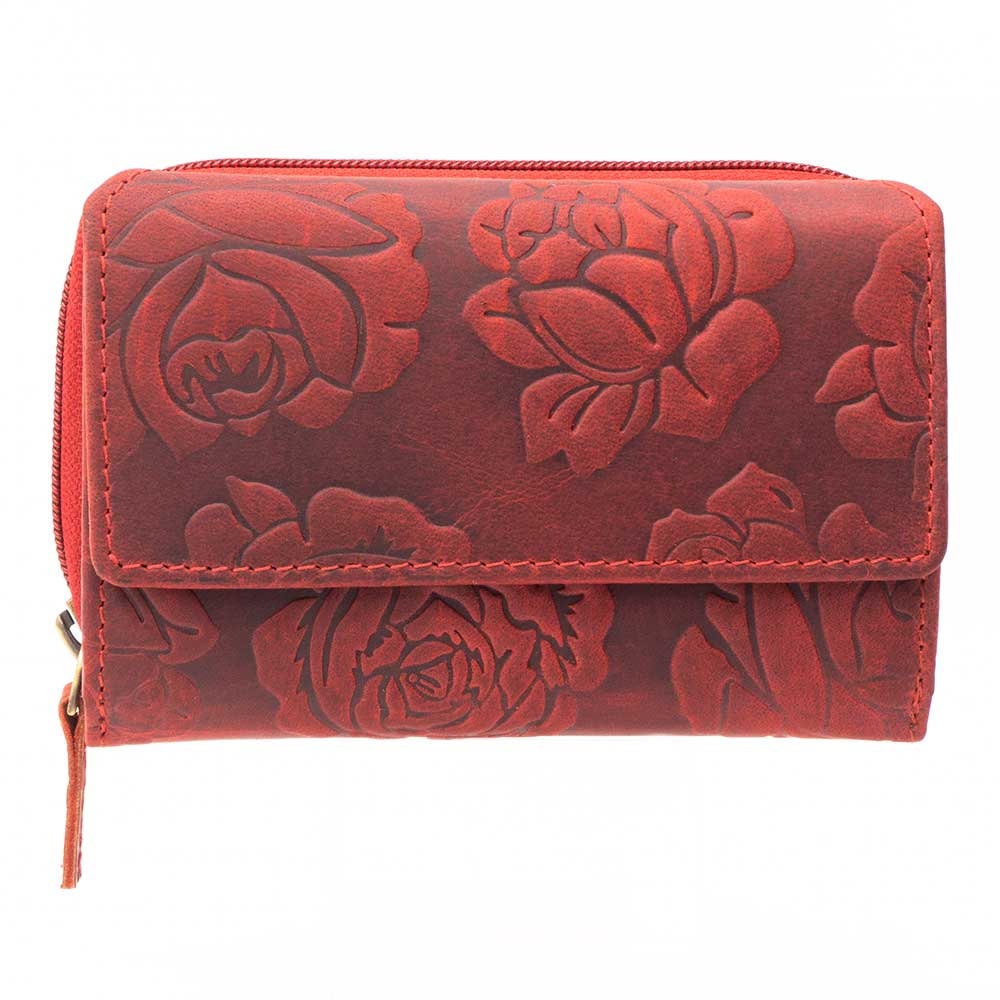 Damen Geldbörse aus Echtleder mit RFID-Schutz, Rot, 17 × 10 × 4 cm, Rosenprägung, viele Fächer