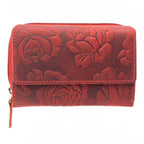 Damen Geldbörse aus Echtleder mit RFID-Schutz, Rot, 17 × 10 × 4 cm, Rosenprägung, viele Fächer
