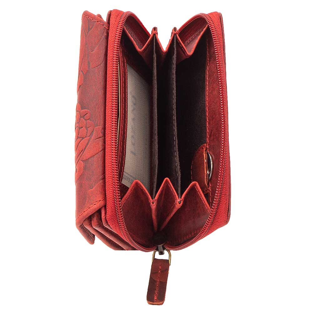 Damen Geldbörse aus Echtleder mit RFID-Schutz, Rot, 17 × 10 × 4 cm, Rosenprägung, viele Fächer