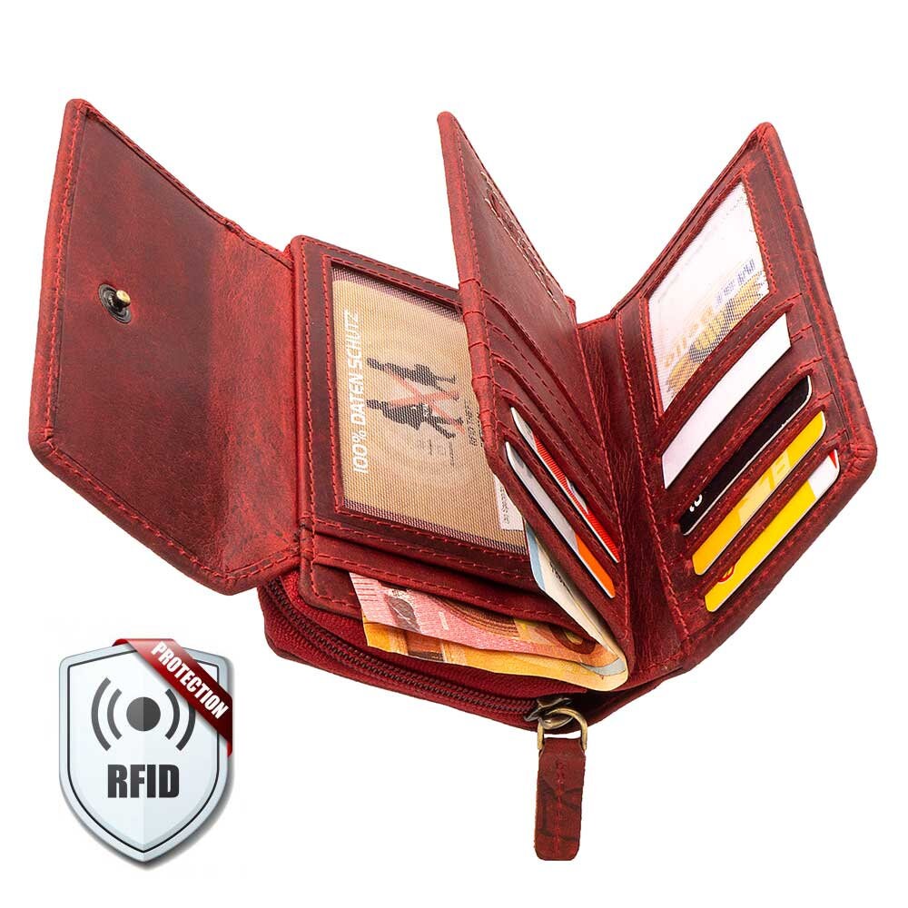 Damen Geldbörse aus Echtleder mit RFID-Schutz, Rot, 17 × 10 × 4 cm, Rosenprägung, viele Fächer