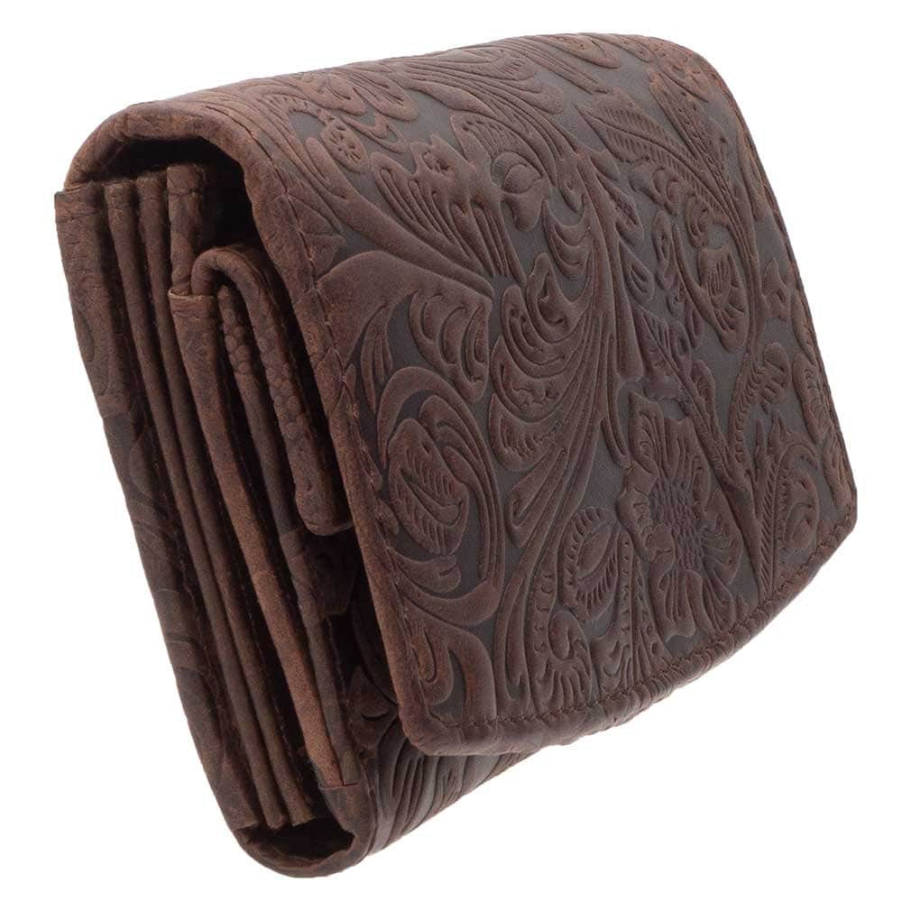 Damen Geldbörse aus Echtleder mit RFID-Schutz, Braun, 16,5 × 10,5 × 4 cm, florale Prägung, viele Fächer