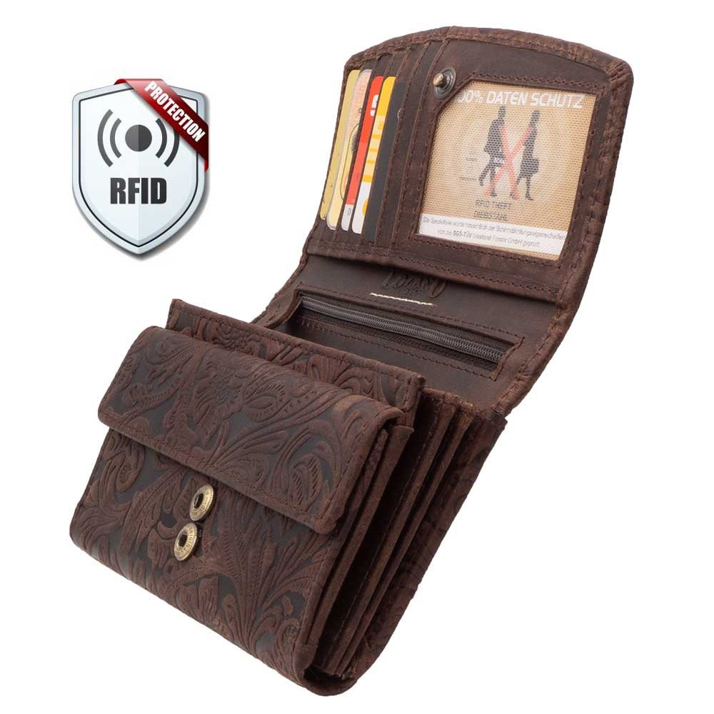 Damen Geldbörse aus Echtleder mit RFID-Schutz, Braun, 16,5 × 10,5 × 4 cm, florale Prägung, viele Fächer