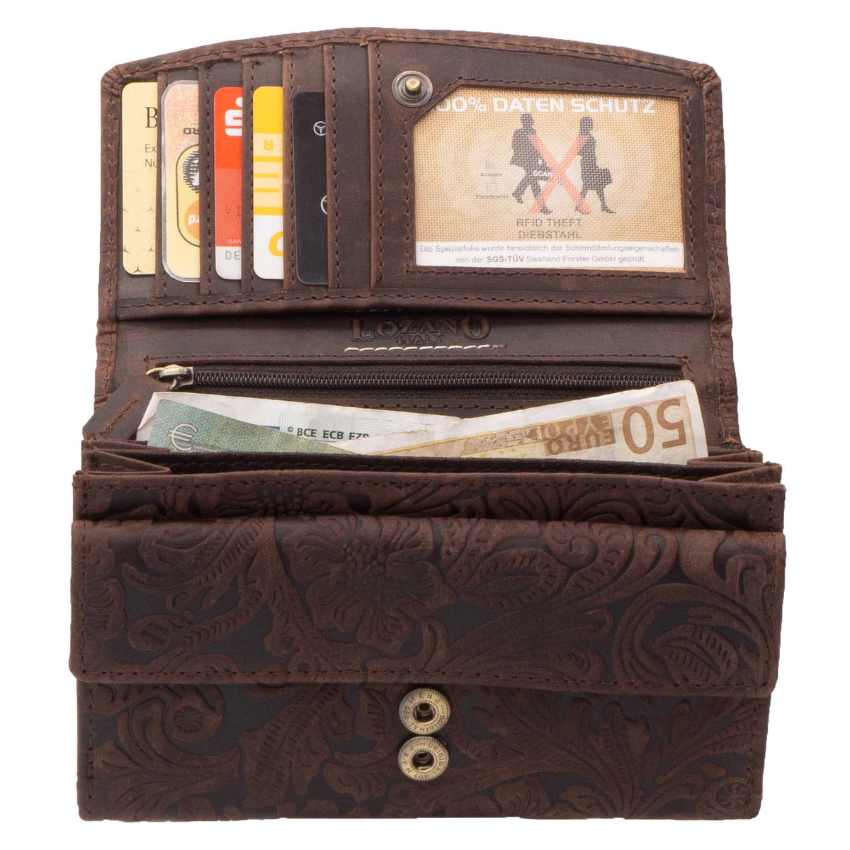 Damen Geldbörse aus Echtleder mit RFID-Schutz, Braun, 16,5 × 10,5 × 4 cm, florale Prägung, viele Fächer