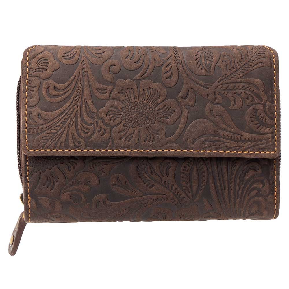 Damen Geldbörse aus Echtleder mit RFID-Schutz, Braun, 14 × 10 × 4,5 cm, florale Prägung, viele Fächer