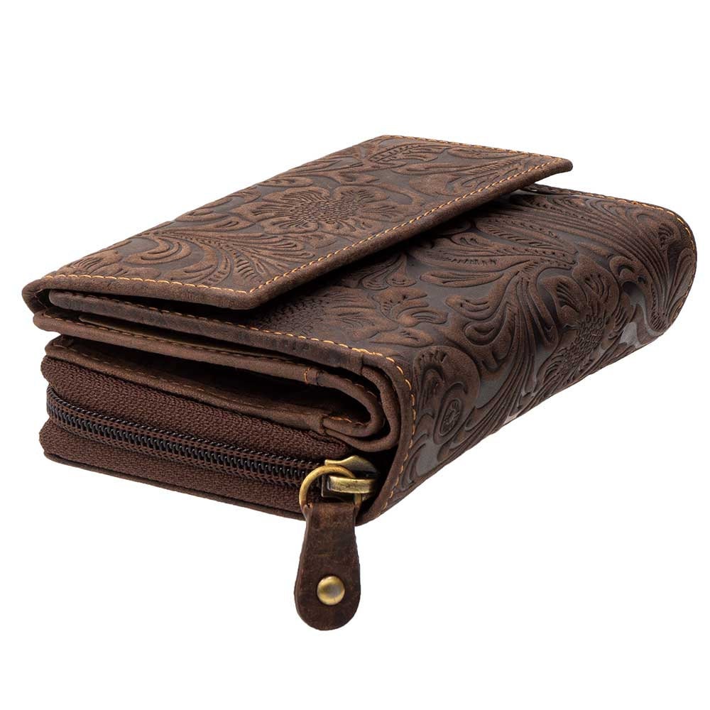 Damen Geldbörse aus Echtleder mit RFID-Schutz, Braun, 14 × 10 × 4,5 cm, florale Prägung, viele Fächer
