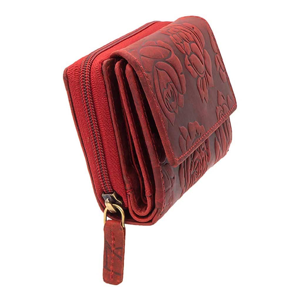 Damen Geldbörse aus Echtleder mit RFID-Schutz, Rot, 17 × 10 × 4 cm, Rosenprägung, viele Fächer