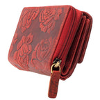 Damen Geldbörse aus Echtleder mit RFID-Schutz, Rot, 17 × 10 × 4 cm, Rosenprägung, viele Fächer