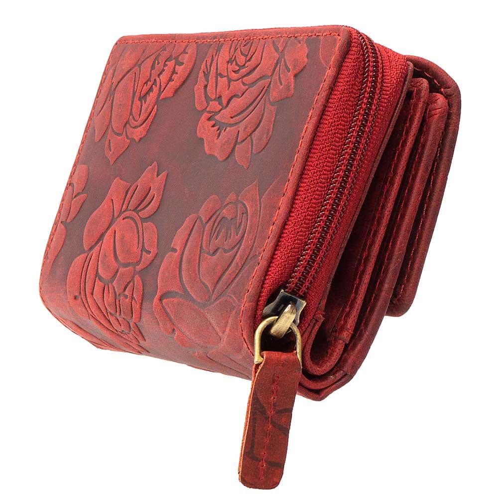 Damen Geldbörse aus Echtleder mit RFID-Schutz, Rot, 17 × 10 × 4 cm, Rosenprägung, viele Fächer