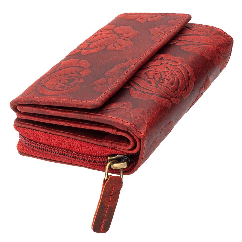 Damen Geldbörse aus Echtleder mit RFID-Schutz, Rot, 17 × 10 × 4 cm, Rosenprägung, viele Fächer