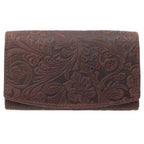 Damen Geldbörse aus Echtleder mit RFID-Schutz, Braun, 16,5 × 10,5 × 4 cm, florale Prägung, viele Fächer