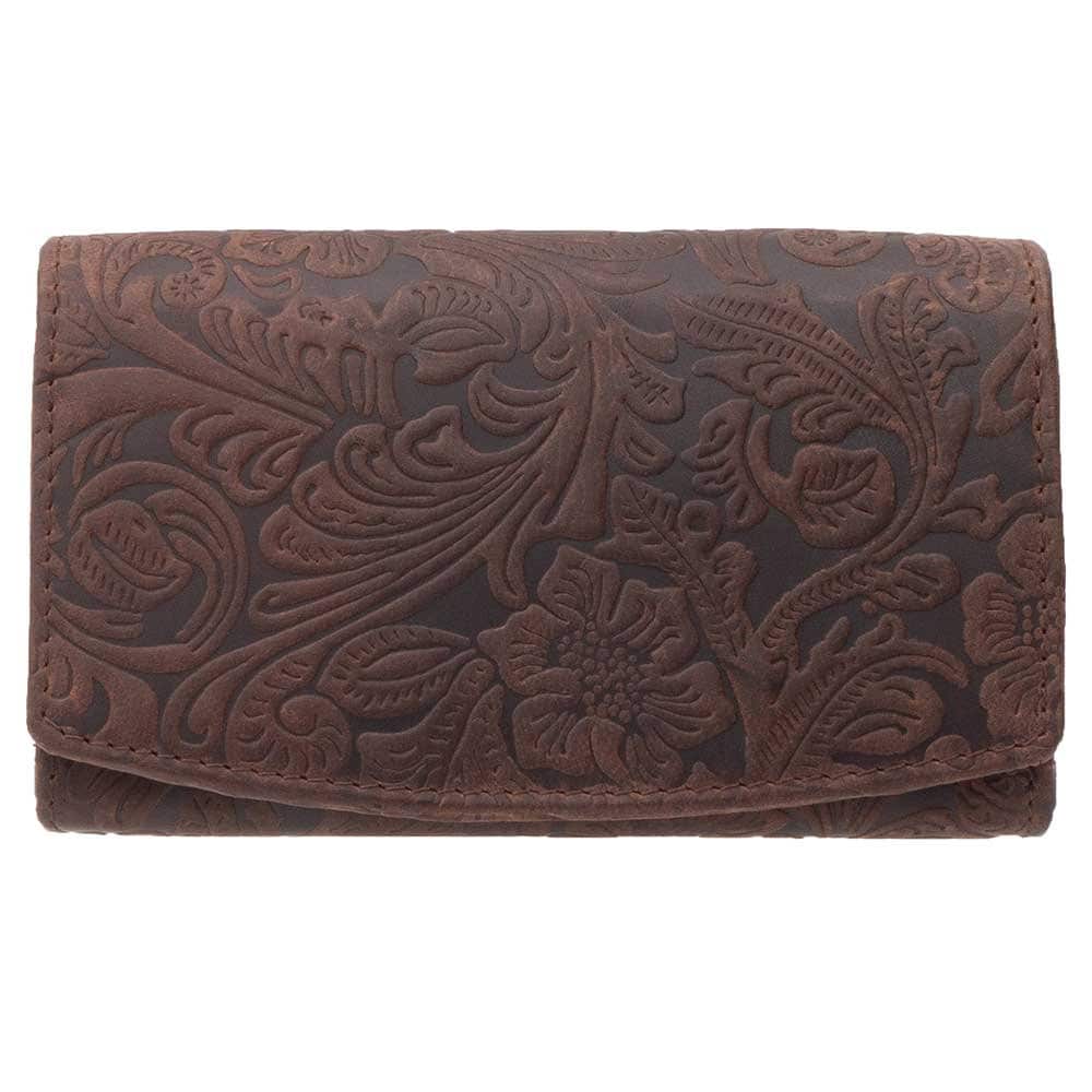Damen Geldbörse aus Echtleder mit RFID-Schutz, Braun, 16,5 × 10,5 × 4 cm, florale Prägung, viele Fächer
