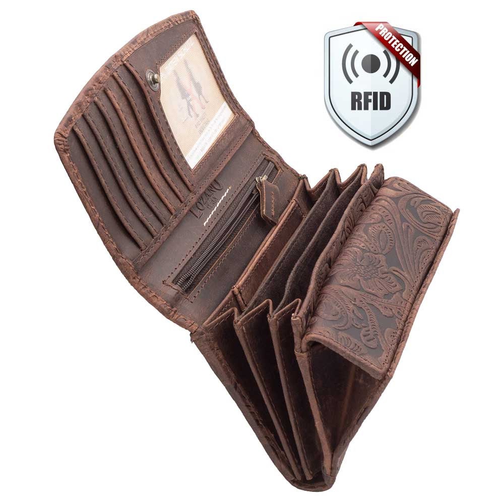 Damen Geldbörse aus Echtleder mit RFID-Schutz, Braun, 16,5 × 10,5 × 4 cm, florale Prägung, viele Fächer