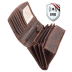 Damen Geldbörse aus Echtleder mit RFID-Schutz, Braun, 16,5 × 10,5 × 4 cm, florale Prägung, viele Fächer
