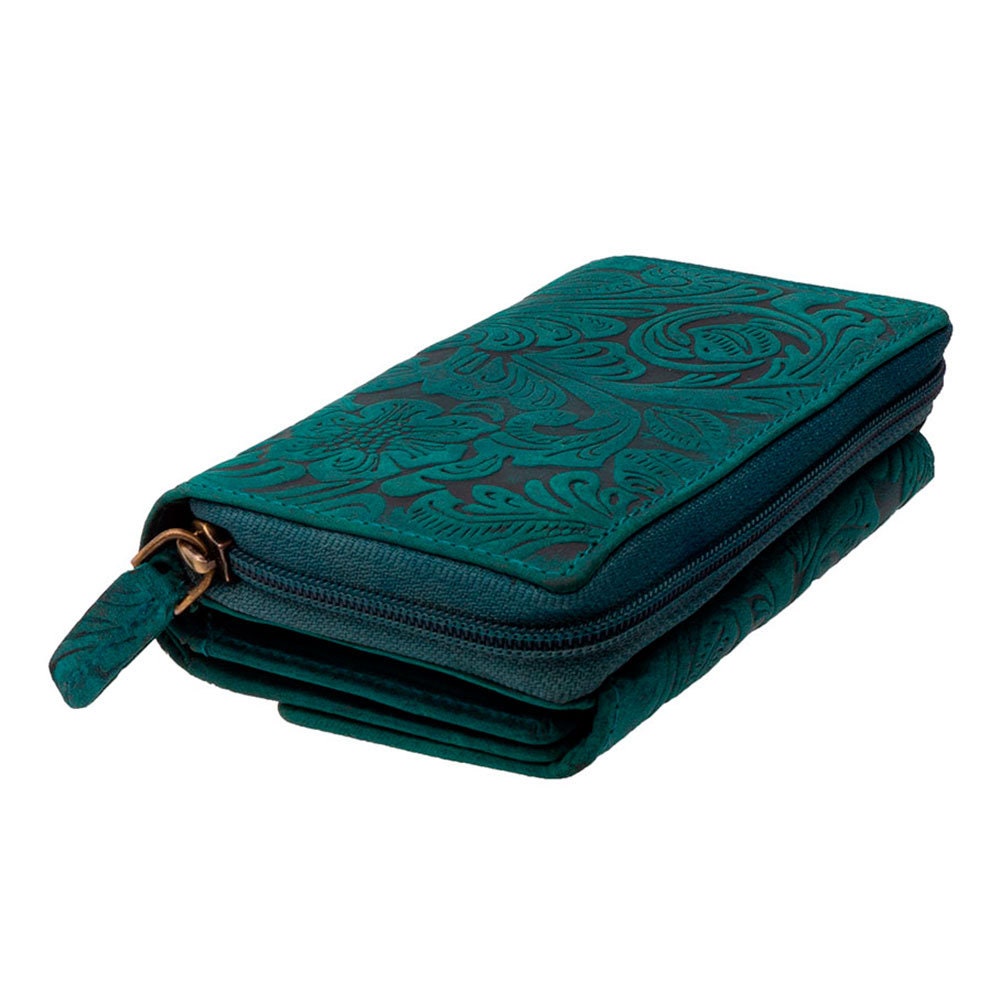 Damen Geldbörse Echtleder mit RFID-Schutz – Petrol/Türkis, Blumenprägung, 14 × 9,5 × 4 cm, viele Fächer