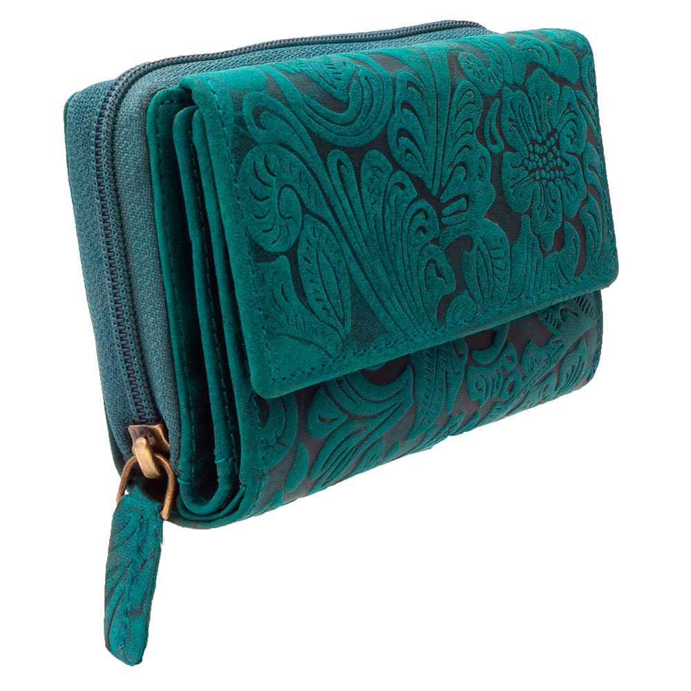Damen Geldbörse Echtleder mit RFID-Schutz – Petrol/Türkis, Blumenprägung, 14 × 9,5 × 4 cm, viele Fächer