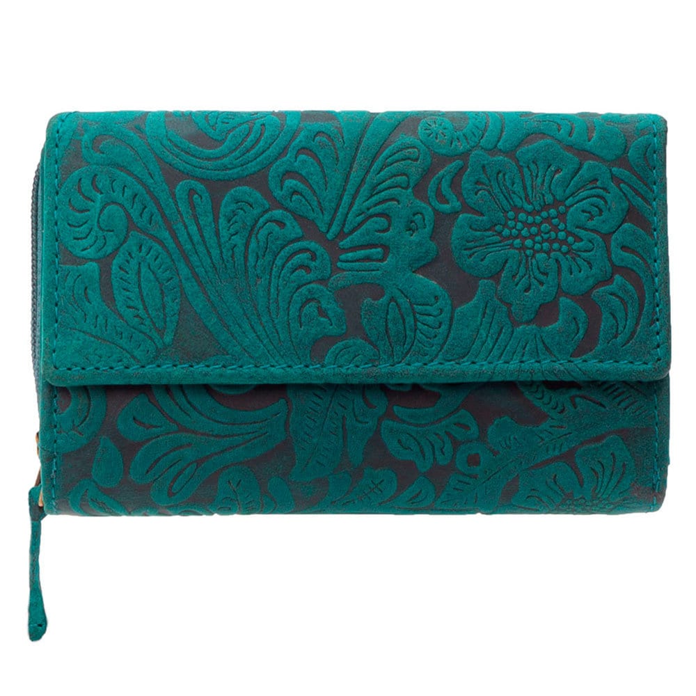 Damen Geldbörse Echtleder mit RFID-Schutz – Petrol/Türkis, Blumenprägung, 14 × 9,5 × 4 cm, viele Fächer